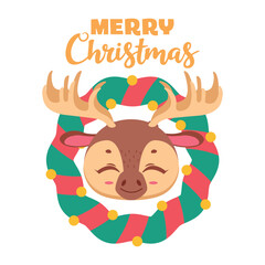 Christmas greeting with a wreath and jolly moose