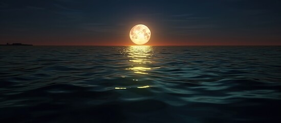 Landscape moon over horizon on sea and moonlight. Panorama with the luna of night. Grand mystical fantastic view.