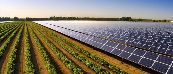 Farmland enhanced with agrivoltaics, where solar panels are intelligently integrated to provide both renewable energy generation and shade for crops - obrazy, fototapety, plakaty