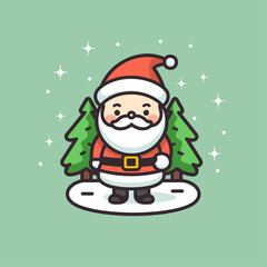 Vector illustration of Cute Santa Claus with christmas tree dust green background, suitable for kids sticker, greeting card, christmas design, tattoo and other print on demand
