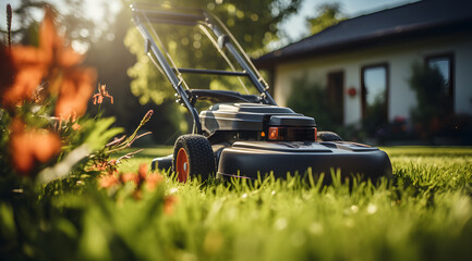 A lawn mower ready for action on a well-maintained, sunny suburban lawn. - obrazy, fototapety, plakaty