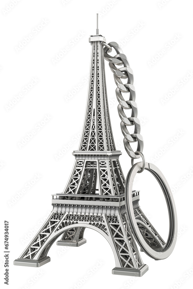 Poster keychain eiffel tower, 3d rendering isolated on transparent background