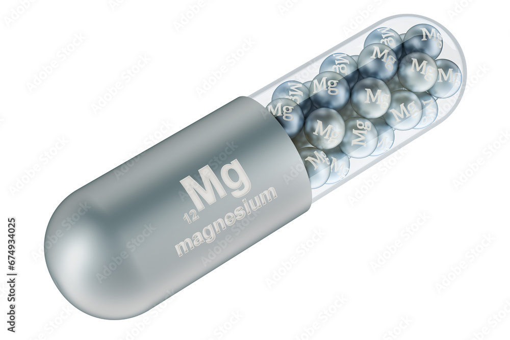 Poster capsule with magnesium mg, 3d rendering isolated on transparent background