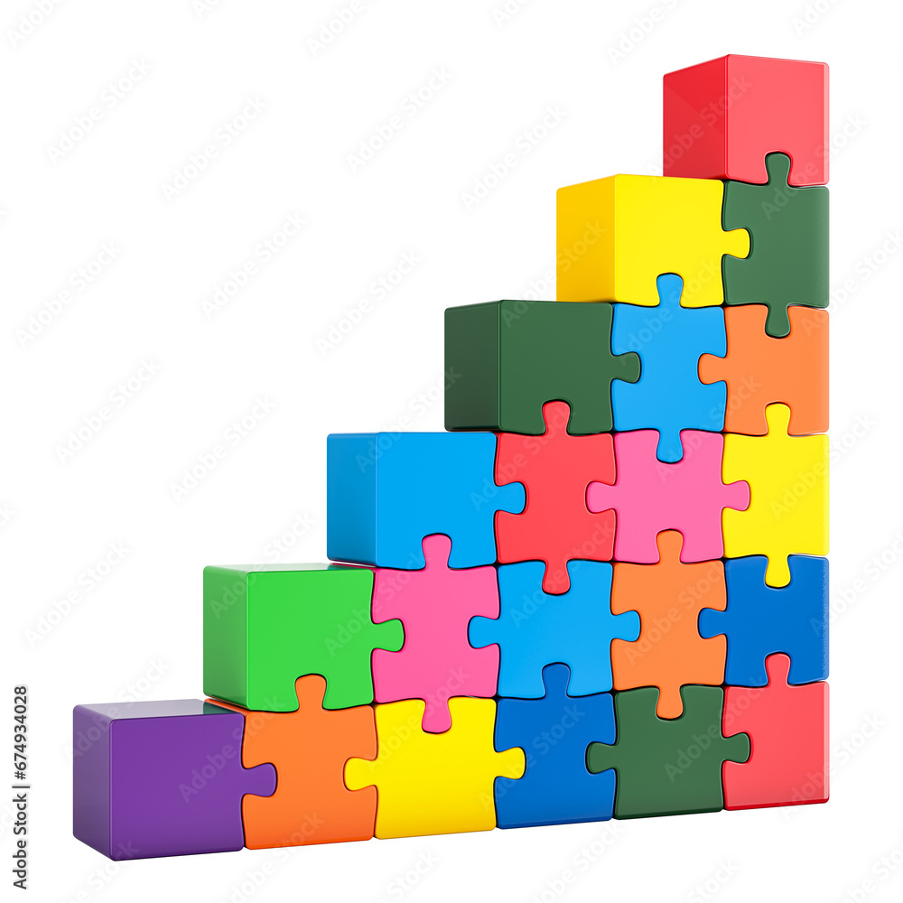 Poster stairs from colored puzzle. 3d rendering isolated on transparent background