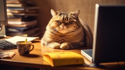 A fat cat is sitting at the office table in front of  AI generated illustration