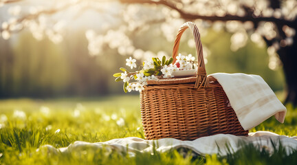 A delightful picnic setup with basket and fresh flowers on a blanket surrounded by white daisies in a sunny field. - obrazy, fototapety, plakaty