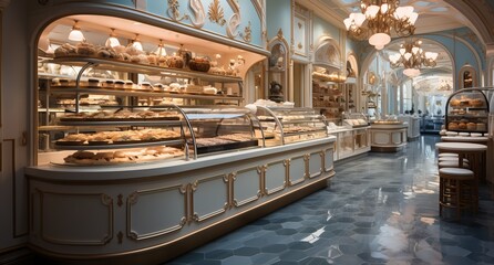 The premises of a cute pastry shop with display cases for cakes, a delicate contrasting stand and equipment.