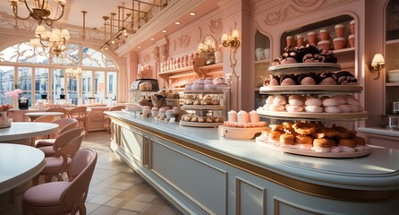The premises of a cute pastry shop with display cases for cakes, a delicate contrasting stand and equipment.