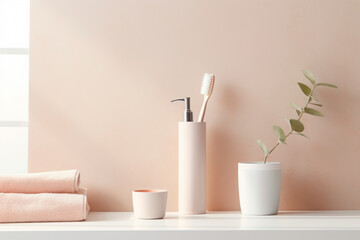 Bathroom interior with toothbrush, towels and plant on shelf