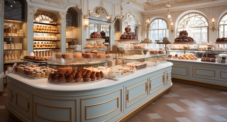 The premises of a cute pastry shop with display cases for cakes, a delicate contrasting stand and equipment.