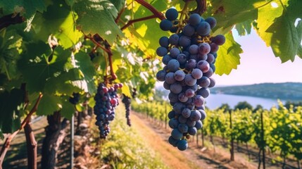 A picturesque vineyard with ripe grapes hanging from  AI generated illustration - obrazy, fototapety, plakaty