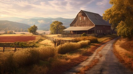 A rustic country barn surrounded by rolling hills  AI generated illustration - obrazy, fototapety, plakaty