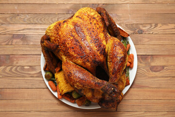 Plate with tasty roasted turkey and different vegetables for Thanksgiving day on wooden background
