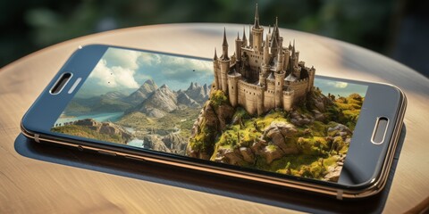 Phone with a Castle Atop, Blending Virtual and Augmented Reality in the Name of Virus Defense, Hacker Protection, and Mobile Security Against Malware and Trojans - obrazy, fototapety, plakaty