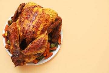 Plate with tasty roasted turkey and different vegetables for Thanksgiving day on beige background