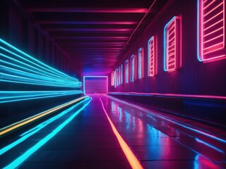 a long line of neon lights in a dark room, illuminated neon lines