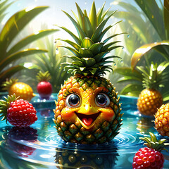 Joyful Pineapple character with a vibrant smile and sparkling eyes, set in a sunny, dew-kissed garden scene