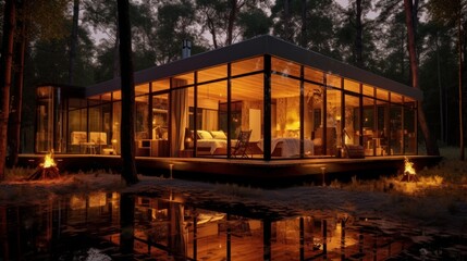 Fototapeta na wymiar Luxury Glass lodge at glamping at night in the fores AI generated illustration