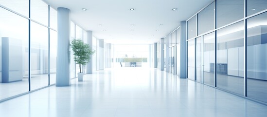 Blurred abstract background interior view looking out toward to empty office lobby and entrance doors and glass curtain wall with frame - blue white balance processing style - obrazy, fototapety, plakaty