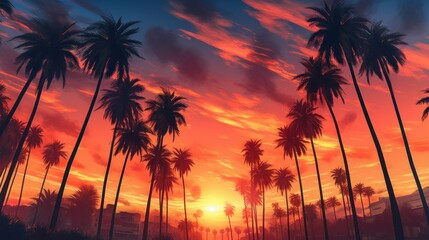 Fototapeta premium Palm trees swaying against a colorful sunset sky AI generated illustration