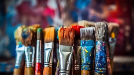Row of artist paintbrushes closeup on artistic  AI generated illustration