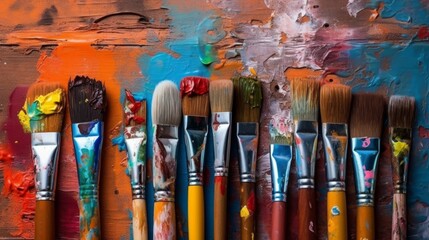 Fototapeta premium Row of artist paintbrushes closeup on artistic AI generated illustration