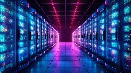 Fototapeta premium Shot of Data CenteWith Multiple Rows of Fully AI generated illustration