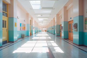 Interior of a school corridor with bright colored walls and white floor