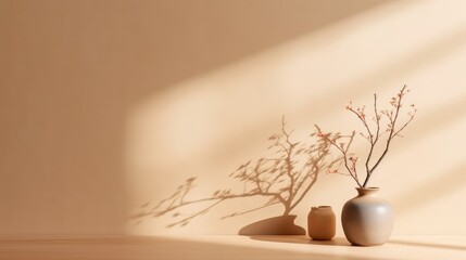 Wooden table mockup on beige stucco background  AI generated illustration