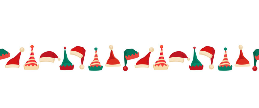 Christmas Santa, Elf hats fancy seamless border vector pattern. Cute Santa, Elves caps cartoon design element. Christmas symbol set isolated. Holiday fest banner background, card, flyer frame template