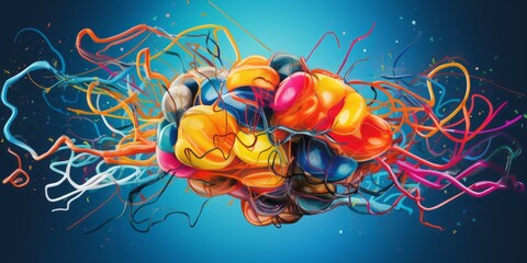A Human Brain in Vibrant Colors Against a Blue Background, Synthesizing Neurons, IoT, and Medical Science for Visualization, Ideas, and Creativity
