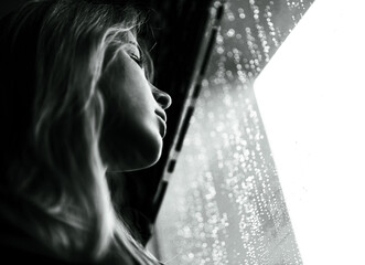 portrait of a girl 18 years old with blond hair near the window on a rainy day