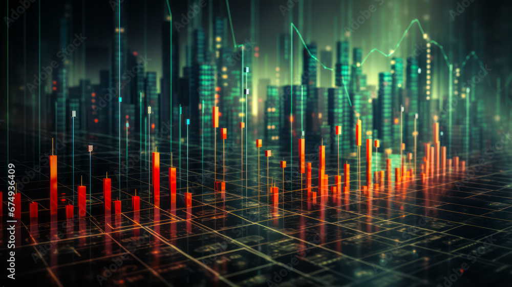 Poster Backdrop of fluctuating stock market numbers and symbols, emphasizing green up-arrows and red down-arrows