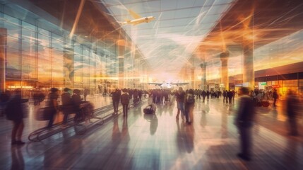 A blurred image of a busy airport with people AI generated illustration