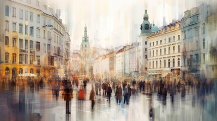 A blurred image of a busy city square with people  AI generated illustration