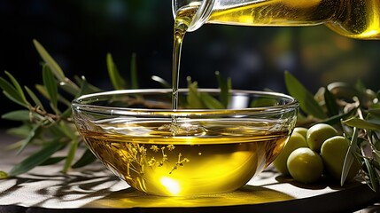 Bottle pouring virgin olive oil in a bowl close up