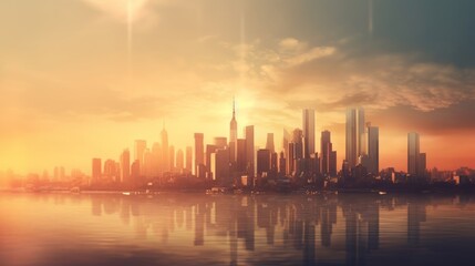 Fototapeta na wymiar A blurred image of a city skyline at sunset creating AI generated illustration