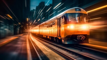 Fototapeta na wymiar A blurred image of a moving train with lights streak AI generated illustration