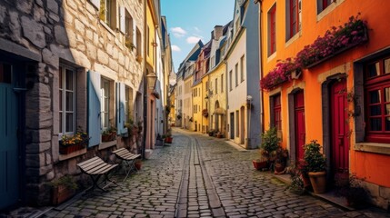 Fototapeta na wymiar A charming European cobblestone street with colorful AI generated illustration