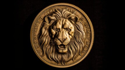 A gold coin with a lions head engraved on it  AI generated illustration - obrazy, fototapety, plakaty