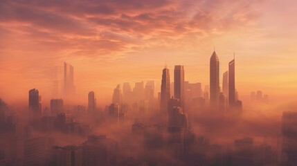 Fototapeta na wymiar A hazy picture of a city skyline at sunrise creating AI generated illustration