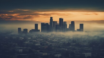 A hazy picture of a city skyline with clouds in the   AI generated illustration