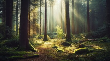 Obraz premium A hazy picture of a forest with sunlight filtering AI generated illustration