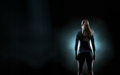 photorealistic silhouette image of a volleyball player wearing long sleeves and kneepads, dramatic...