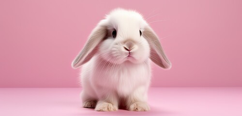 Cute white mini lop rabbit isolated on a pink background .