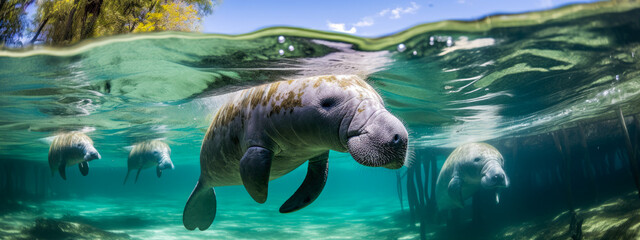 A group of manatees are swimming in shallow water.
