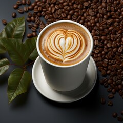 Cup of coffee with latte art and coffee beans on black background