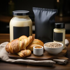Breakfast with fresh croissants, oat flakes and milk