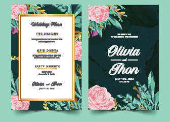 romantic wedding invitation with realistic flowers template