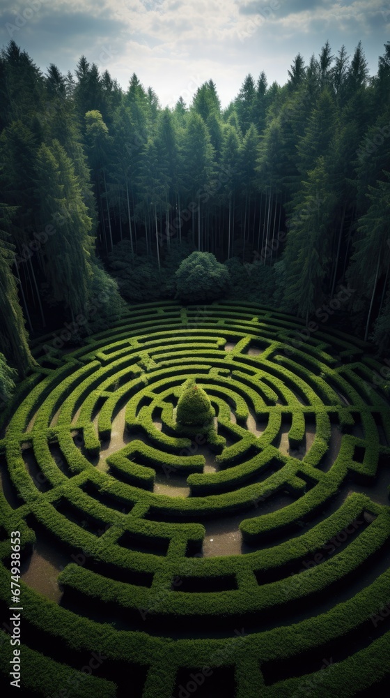 Poster a circular maze in the middle of a forest. generative ai.